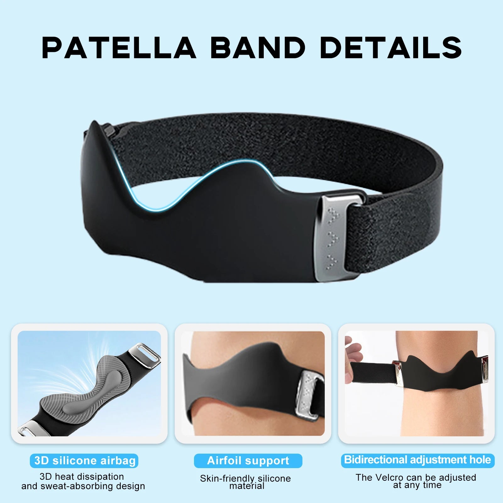 Adjustable Non-Slip Patella Band Stabilizer Knee Brace Silicone Patellar Tendon Support Strap with 3D Airbag for Sports